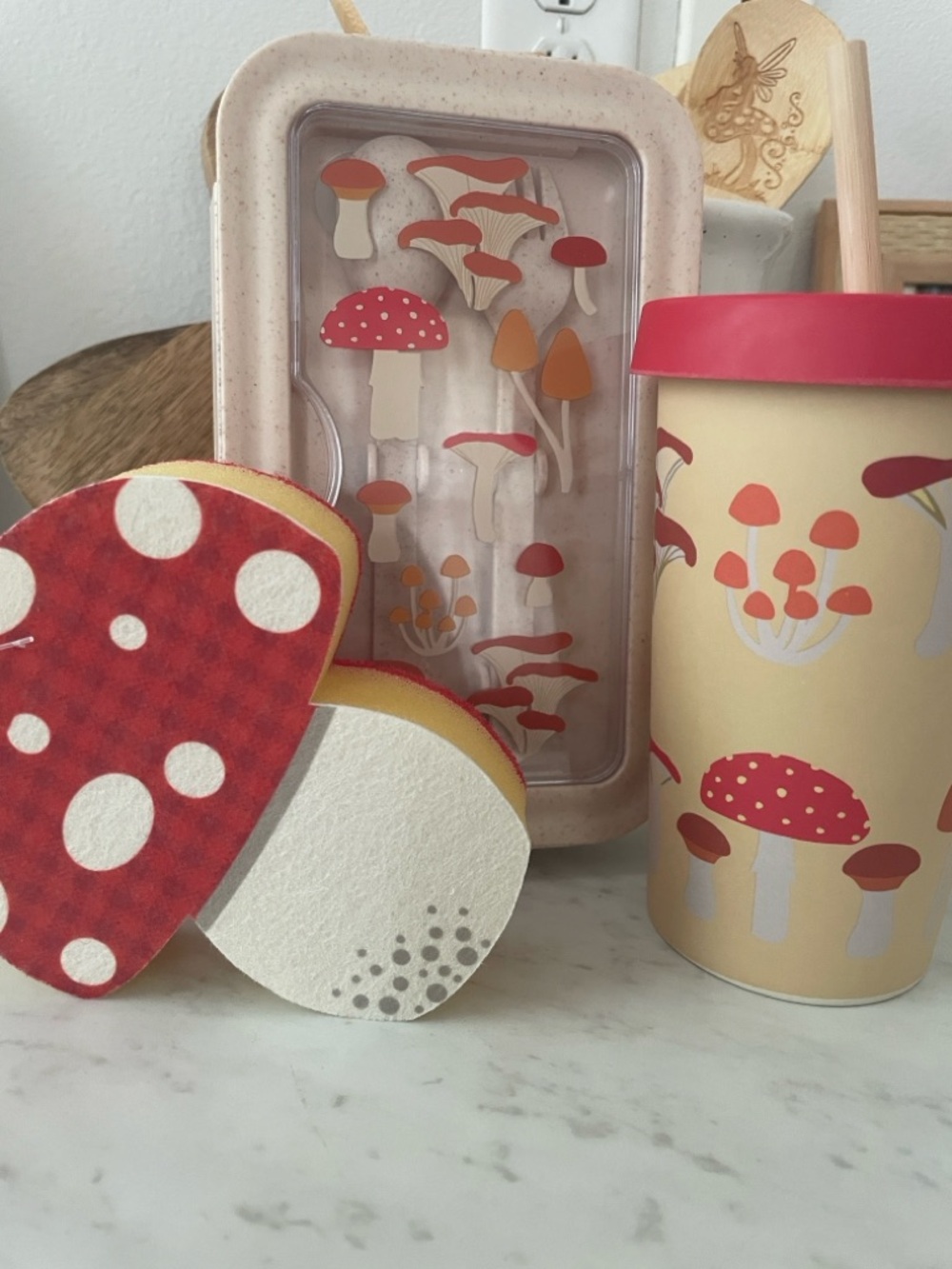 Set of 3 Mushroom 🍄 Print Tumbler with Red Lid, Tupperware and sponge.